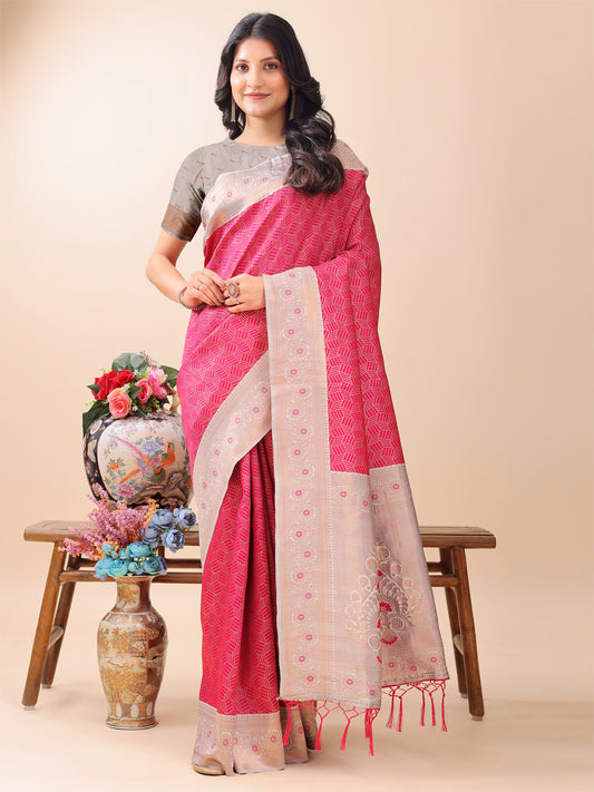 Astita Graceful Pink & Beige Lichi Silk Saree with Elegant Woven Pallu – Timeless Beauty for Every Occasion