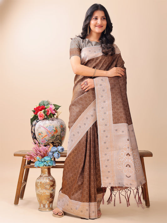 Astita Graceful Brown & Beige Lichi Silk Saree with Elegant Woven Pallu – Timeless Beauty for Every Occasion
