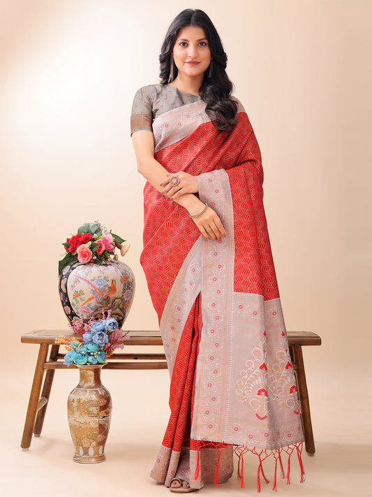 Astita Graceful Red & Beige Lichi Silk Saree with Elegant Woven Pallu – Timeless Beauty for Every Occasion