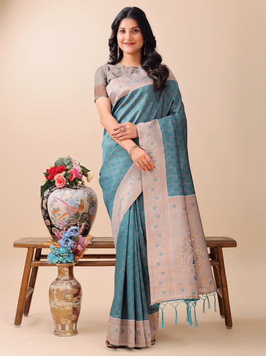 Astita Graceful Teal & Beige Lichi Silk Saree with Elegant Woven Pallu – Timeless Beauty for Every Occasion