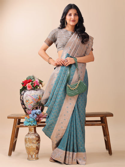 Astita Graceful Teal & Beige Lichi Silk Saree with Elegant Woven Pallu – Timeless Beauty for Every Occasion