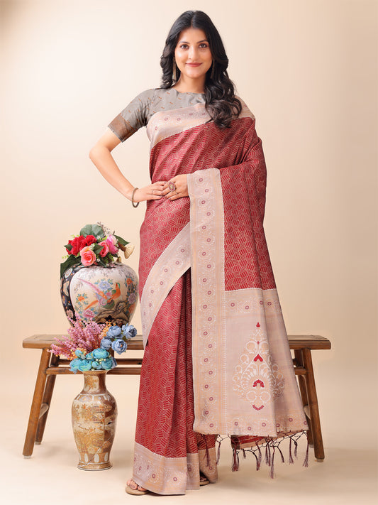 Astita Graceful Maroon & Beige Lichi Silk Saree with Elegant Woven Pallu – Timeless Beauty for Every Occasion