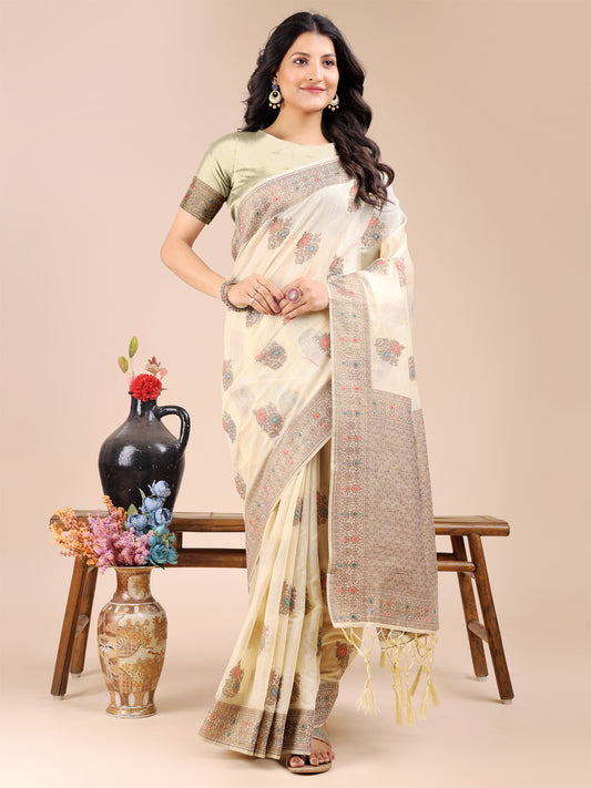 Astita Elegant Cream Cotton Saree – Timeless Charm with Floral Detailing