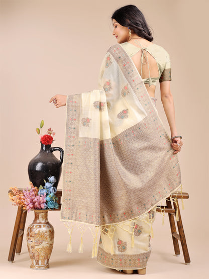 Astita Elegant Cream Cotton Saree – Timeless Charm with Floral Detailing