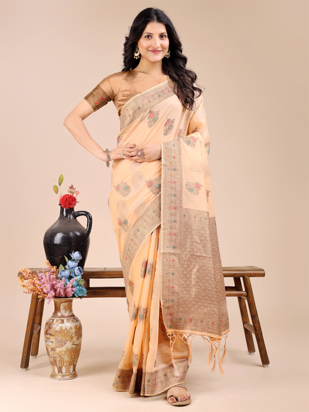 Astita Elegant Peach Cotton Saree – Timeless Charm with Floral Detailing