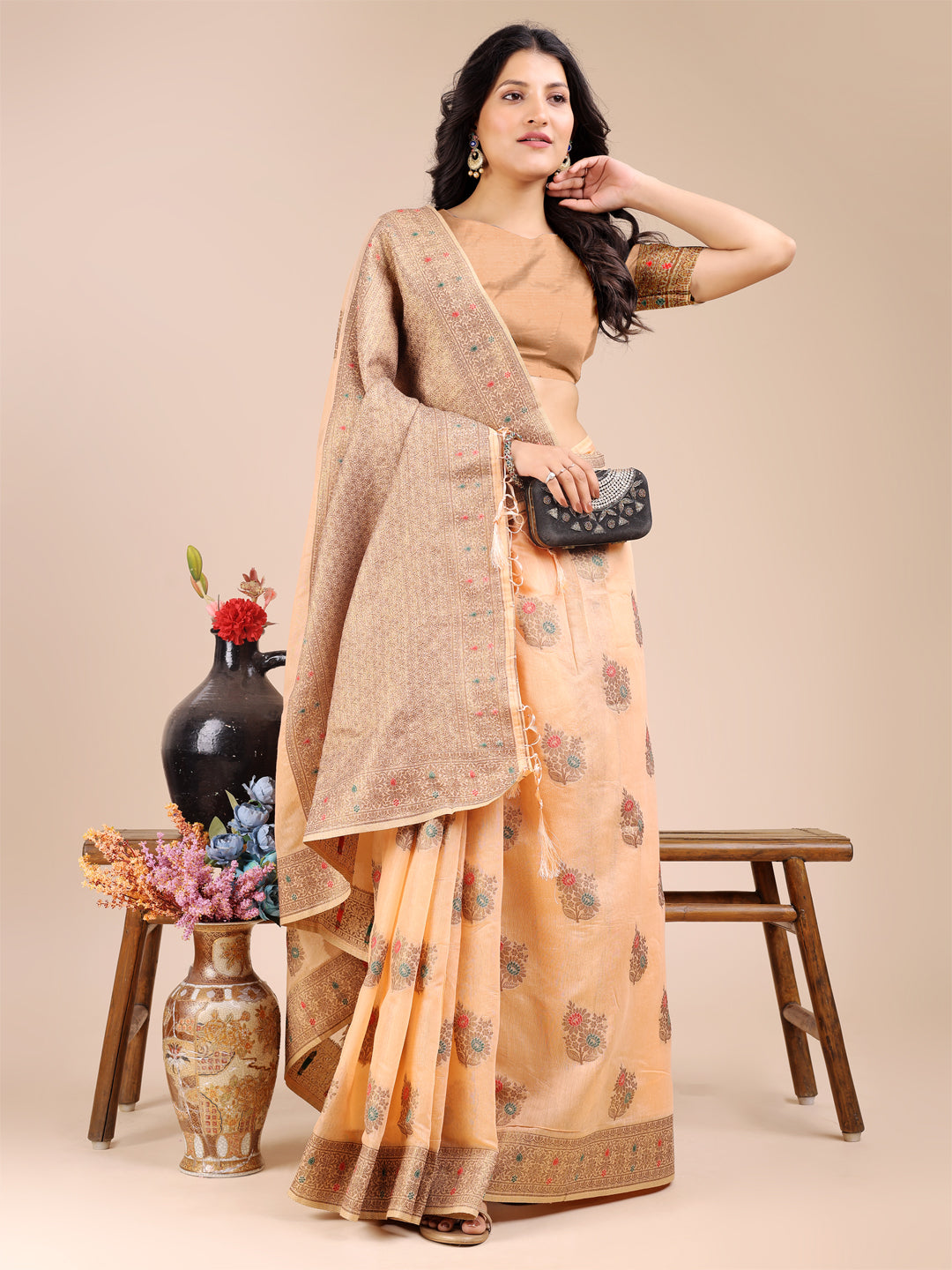 Astita Elegant Peach Cotton Saree – Timeless Charm with Floral Detailing