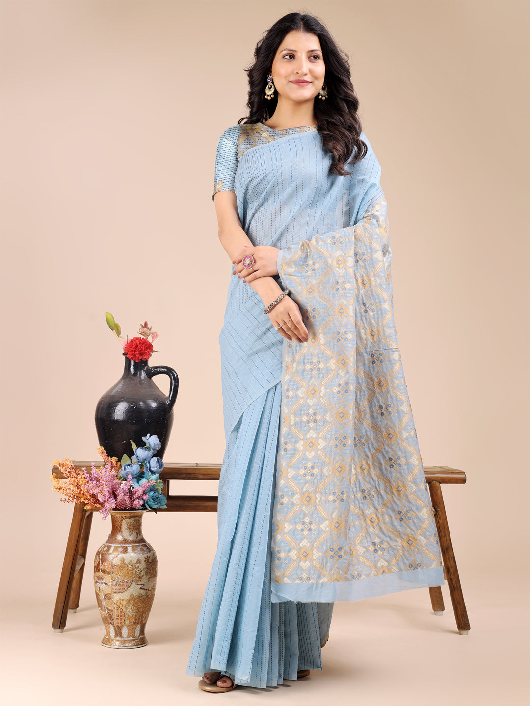 Astita Soothing Sky Blue Cotton Saree – Light, Elegant & Timelessly Beautiful