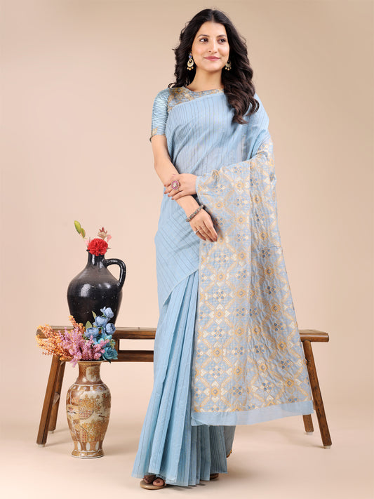 Astita Soothing Sky Blue Cotton Saree – Light, Elegant & Timelessly Beautiful