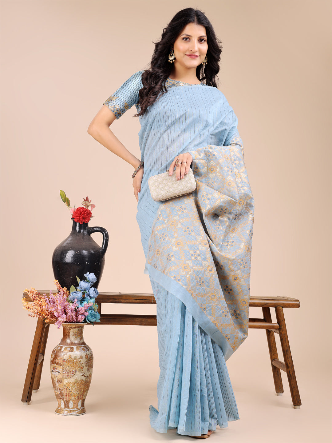 Astita Soothing Sky Blue Cotton Saree – Light, Elegant & Timelessly Beautiful