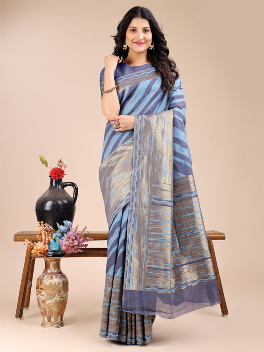 Astita Elegant Navy Blue & Sky Stripe Cotton Saree – Breezy Beauty with Artistic Flair