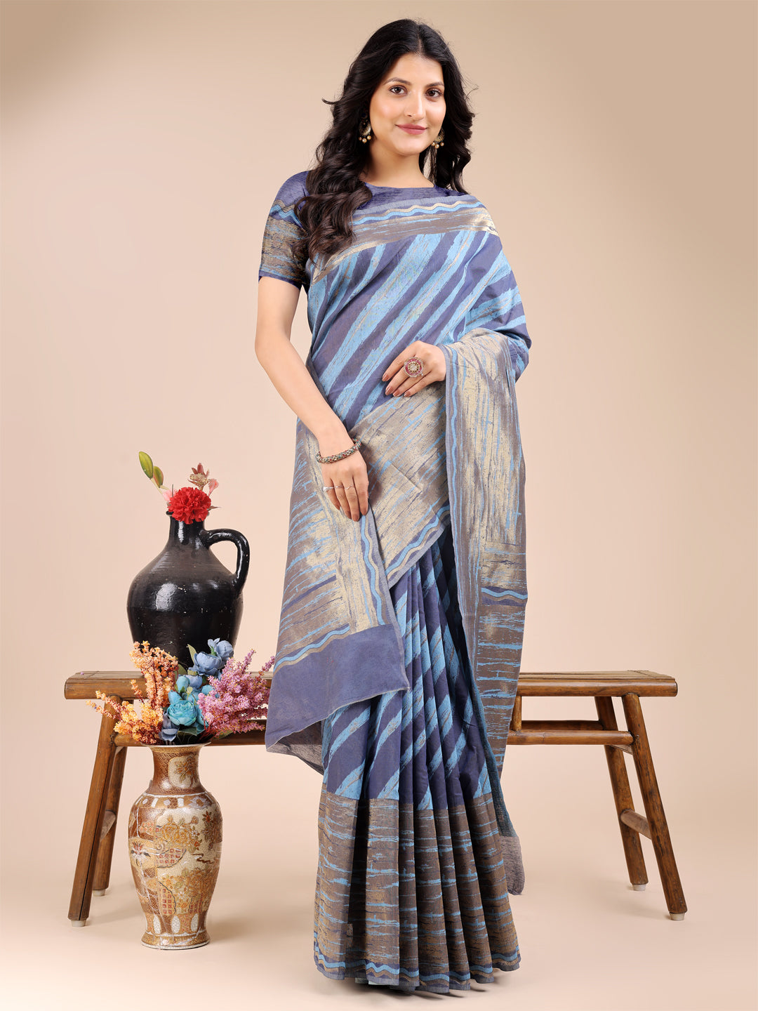 Astita Elegant Navy Blue & Sky Stripe Cotton Saree – Breezy Beauty with Artistic Flair