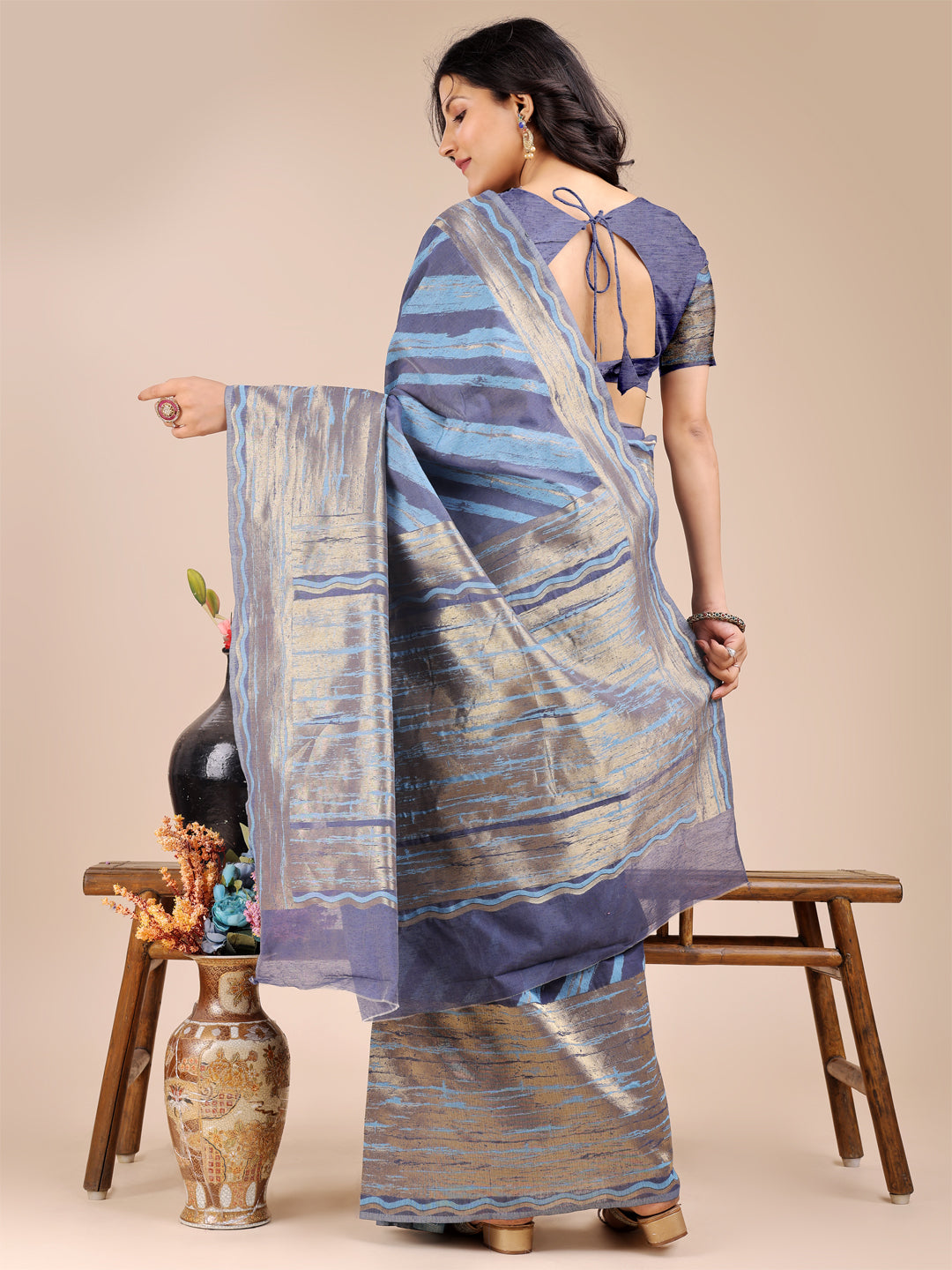 Astita Elegant Navy Blue & Sky Stripe Cotton Saree – Breezy Beauty with Artistic Flair