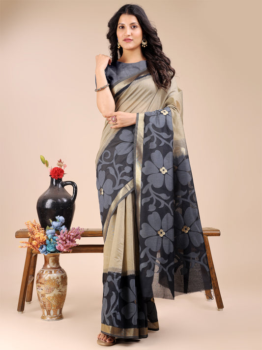 Astita Elegant Beige & Charcoal Floral Cotton Saree – Understated Luxury in Every Thread