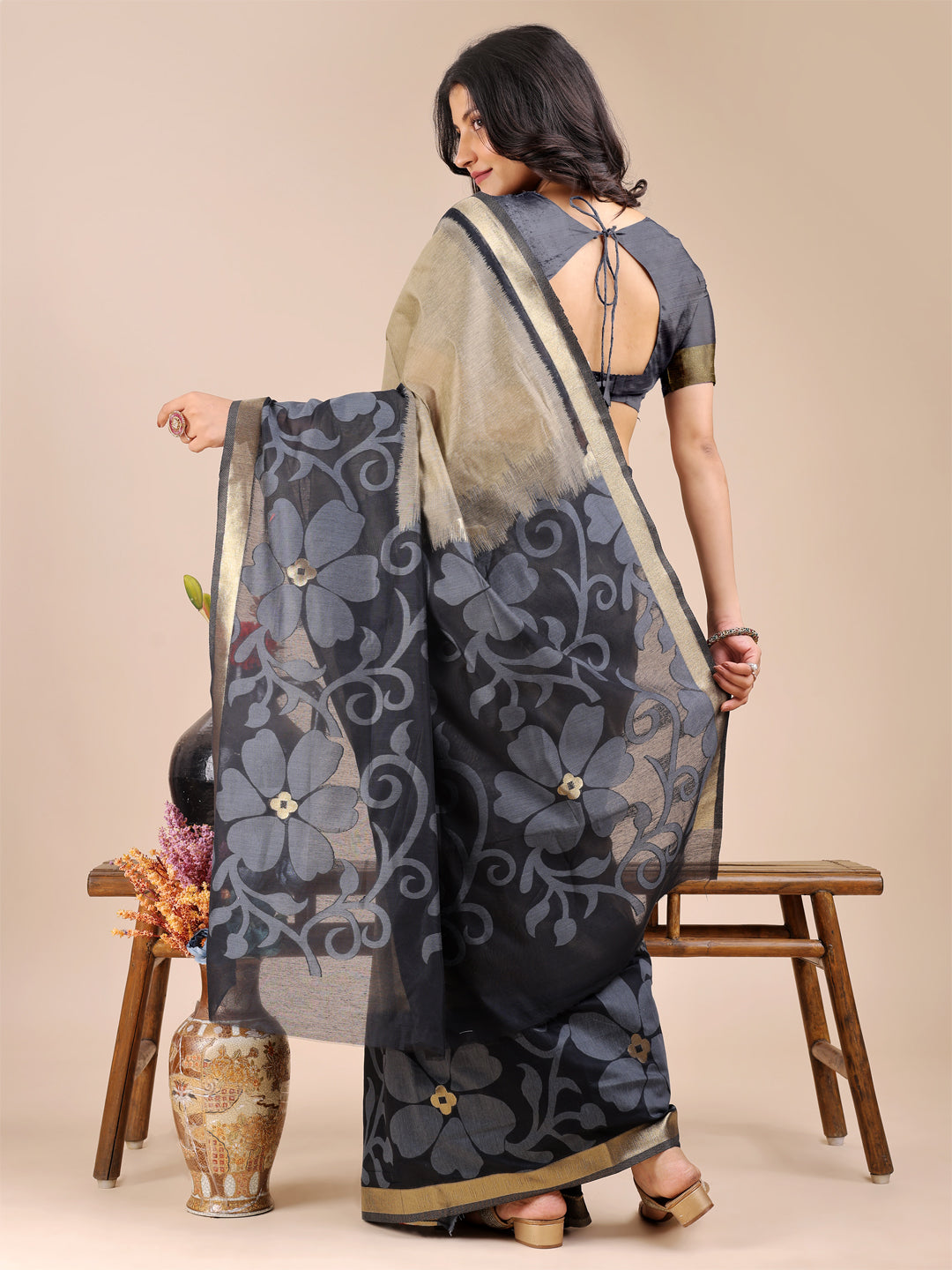 Astita Elegant Beige & Charcoal Floral Cotton Saree – Understated Luxury in Every Thread