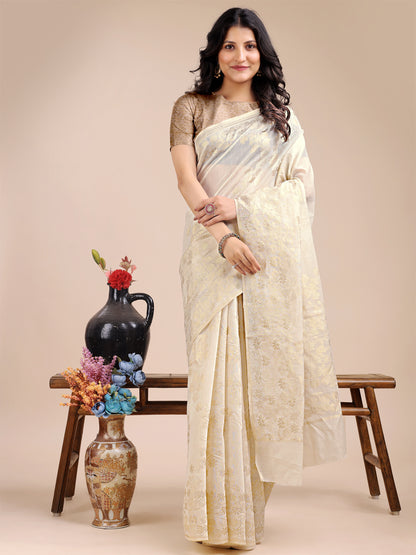Astita Elegant Off-White Cotton Banarasi Saree with Golden Floral Zari Work – Traditional Festive Wear