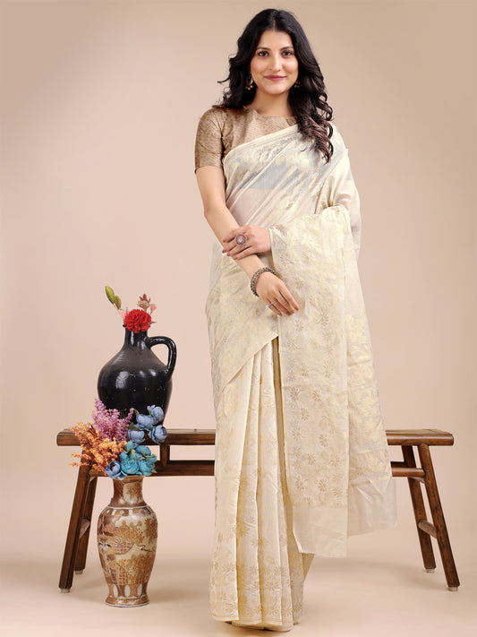 Astita Elegant Off-White Cotton Banarasi Saree with Golden Floral Zari Work – Traditional Festive Wear