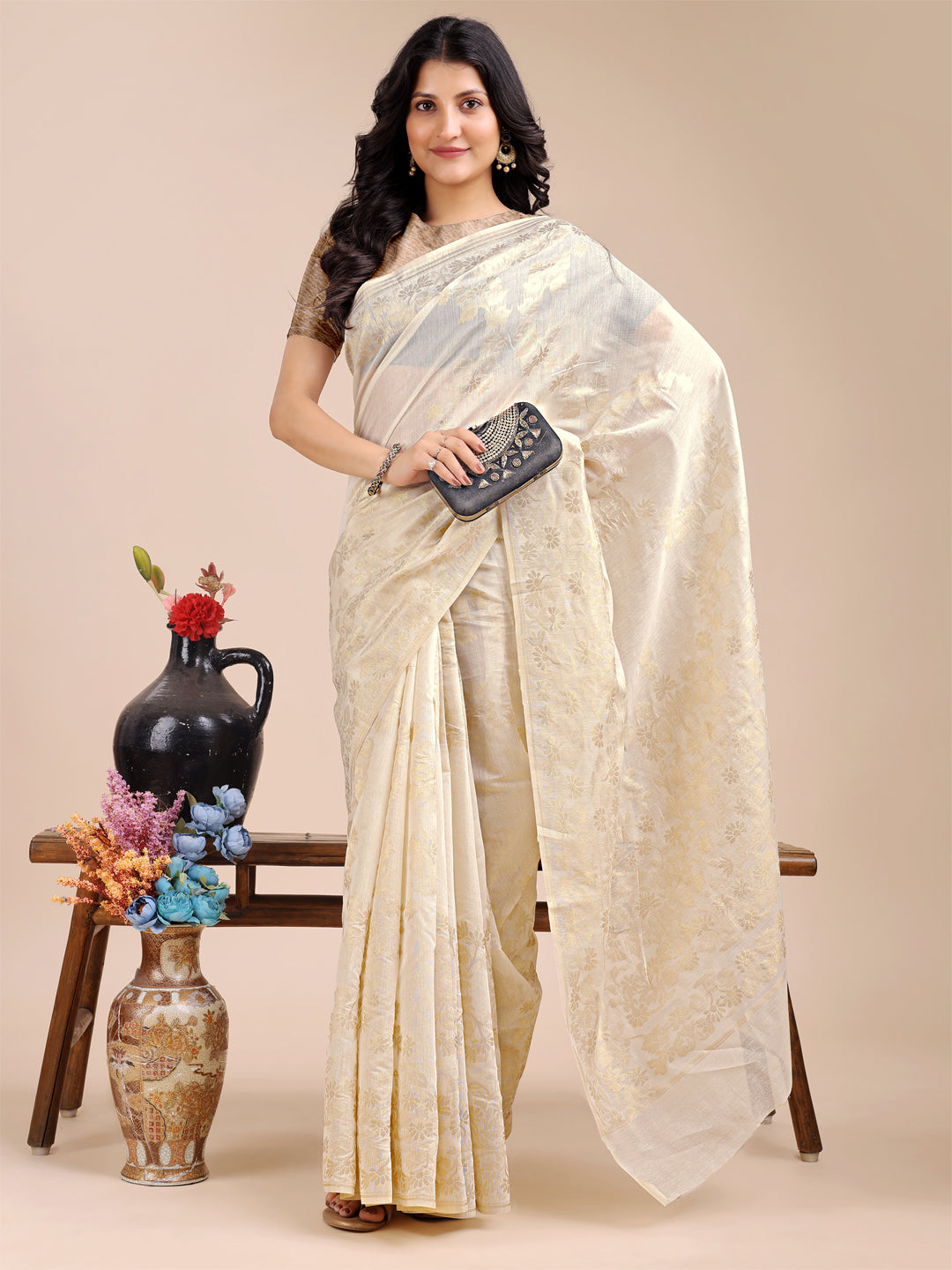 Astita Elegant Off-White Cotton Banarasi Saree with Golden Floral Zari Work – Traditional Festive Wear