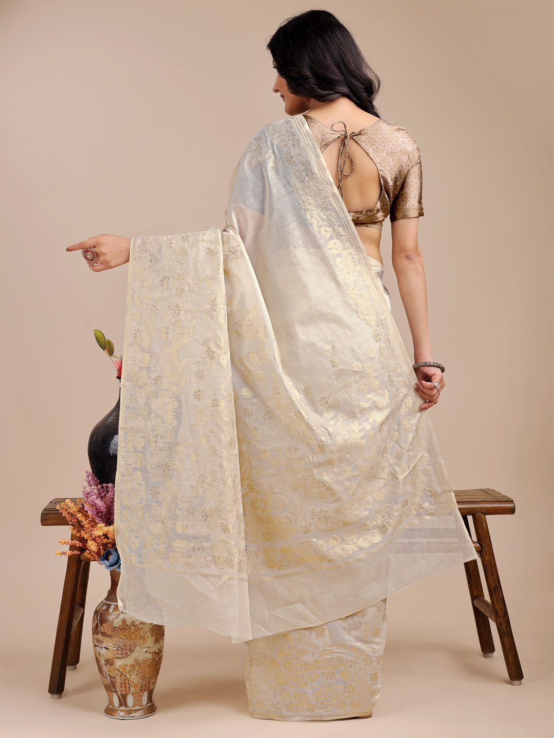 Astita Elegant Off-White Cotton Banarasi Saree with Golden Floral Zari Work – Traditional Festive Wear