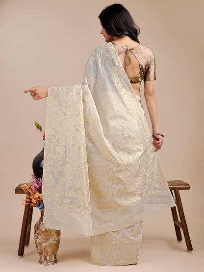 Astita Elegant Off-White Cotton Banarasi Saree with Golden Floral Zari Work – Traditional Festive Wear