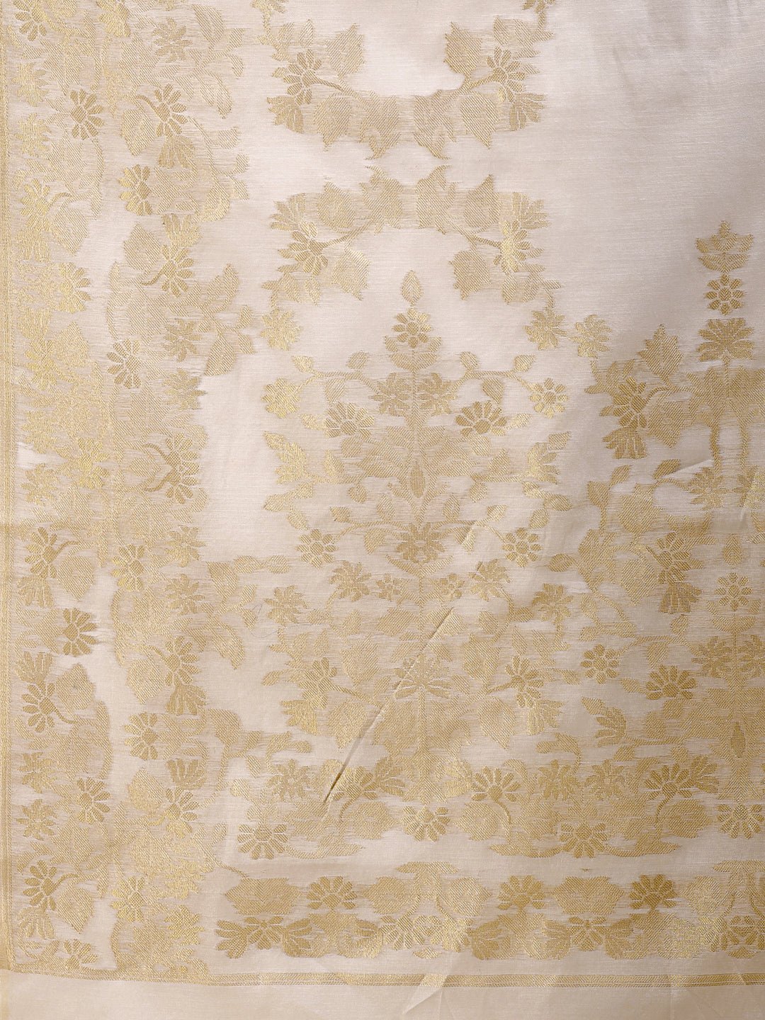 Astita Elegant Off-White Cotton Banarasi Saree with Golden Floral Zari Work – Traditional Festive Wear