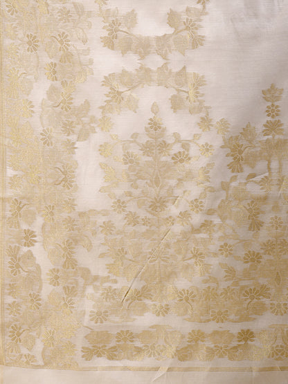 Astita Elegant Off-White Cotton Banarasi Saree with Golden Floral Zari Work – Traditional Festive Wear