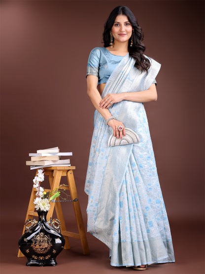 Astita Sky Blue Linen Cotton Saree – Elegant Simplicity for Everyday Grace