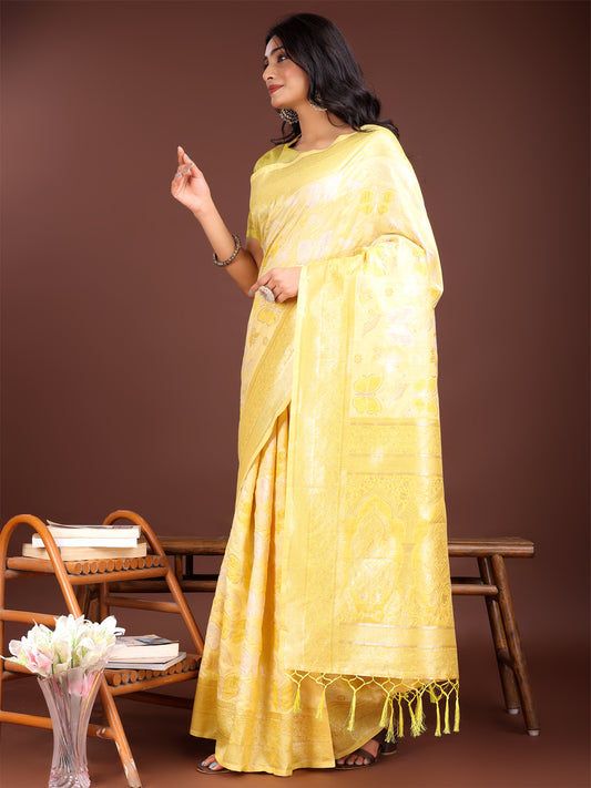 Astita Elegant Yellow Cotton Saree with Golden Zari Work – Graceful Comfort for Everyday & Festive Wear