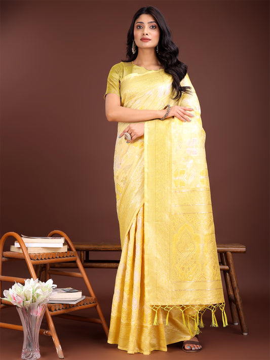 Astita Light Green Organza Saree with Golden Zari Border & Tassels | Elegant Festive & Partywear Saree for Women