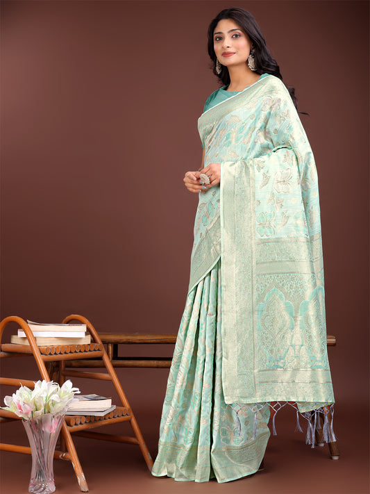 Astita Grey Organza Saree with Golden Zari Border & Tassels | Elegant Festive & Partywear Saree for Women