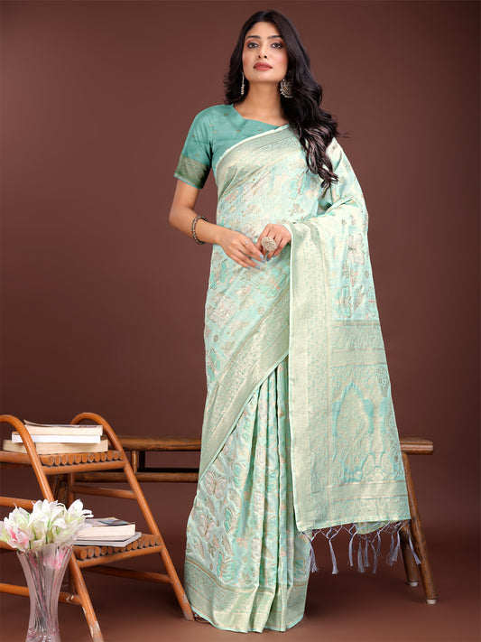 Astita Grey Organza Saree with Golden Zari Border & Tassels | Elegant Festive & Partywear Saree for Women