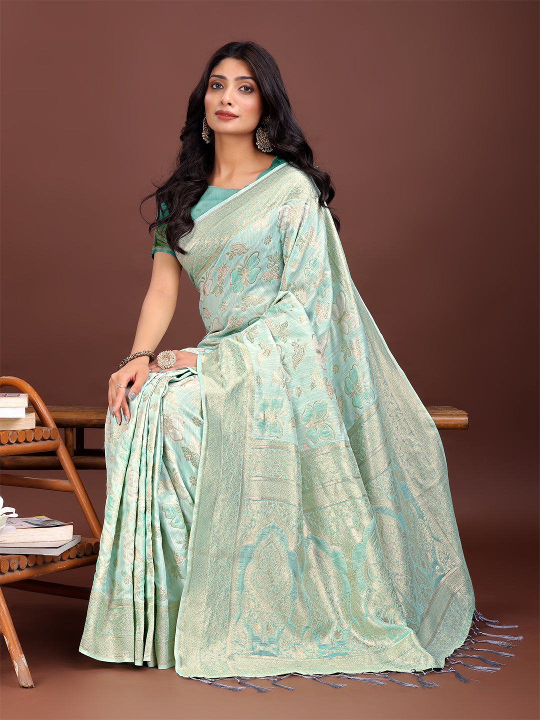 Astita Grey Organza Saree with Golden Zari Border & Tassels | Elegant Festive & Partywear Saree for Women