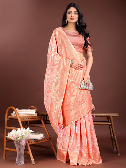 Astita Yellow Organza Saree with Golden Zari Border & Tassels | Elegant Festive & Partywear Saree for Women