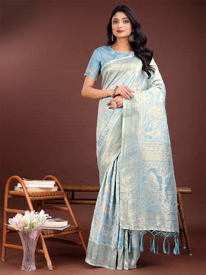 Astita Elegant Sky Blue Cotton Saree with Golden Zari Work – Graceful Comfort for Everyday & Festive Wear