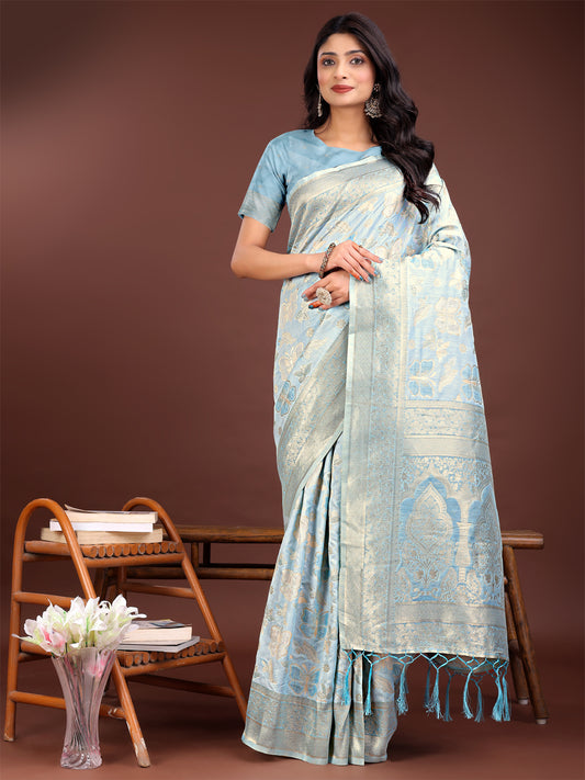Astita Elegant Sky Blue Cotton Saree with Golden Zari Work – Graceful Comfort for Everyday & Festive Wear