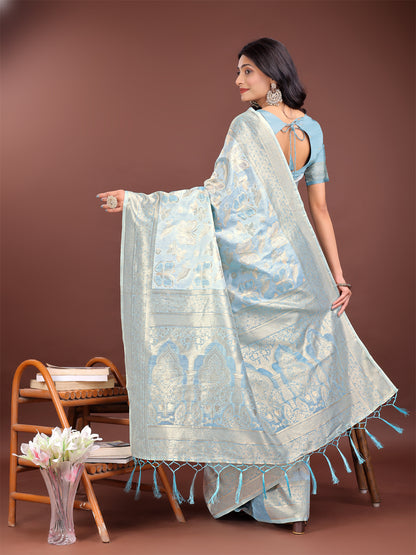 Astita Elegant Sky Blue Cotton Saree with Golden Zari Work – Graceful Comfort for Everyday & Festive Wear