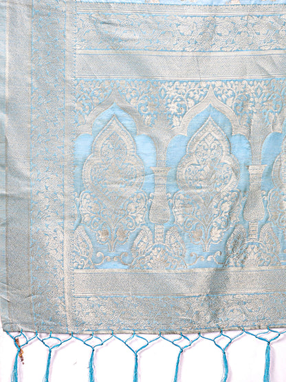 Astita Elegant Sky Blue Cotton Saree with Golden Zari Work – Graceful Comfort for Everyday & Festive Wear