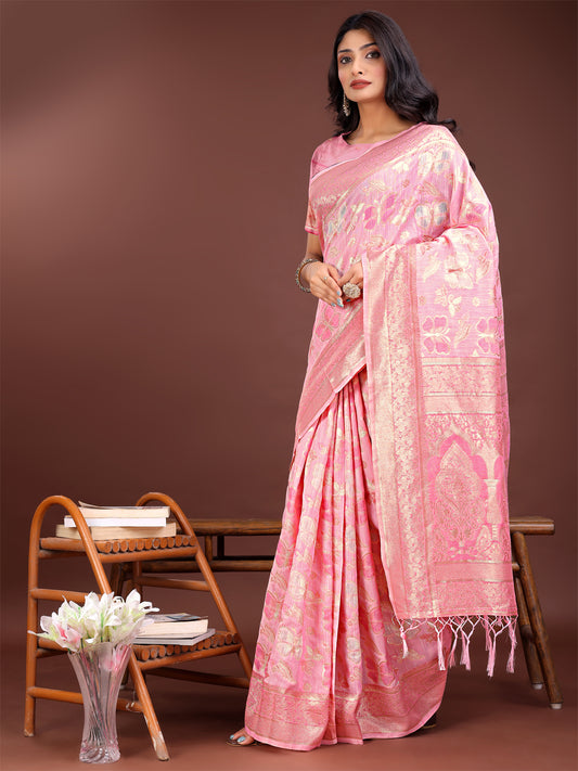Astita Elegant Pink Cotton Saree with Golden Zari Work – Graceful Comfort for Everyday & Festive Wear