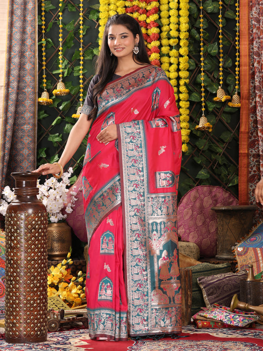 Astita Traditional Red Art Silk Temple Border Festive Wedding Wear Saree