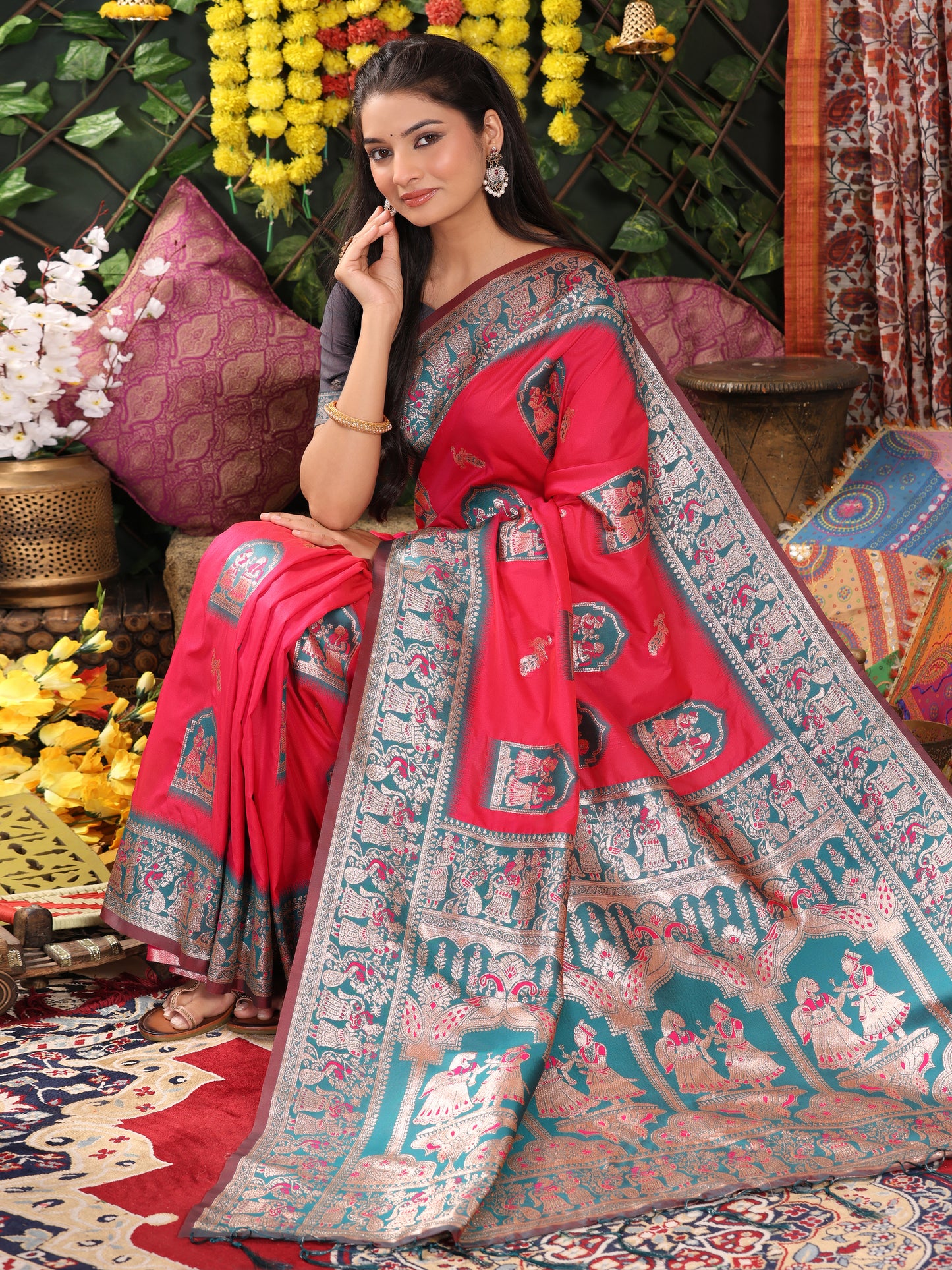 Astita Traditional Red Art Silk Temple Border Festive Wedding Wear Saree