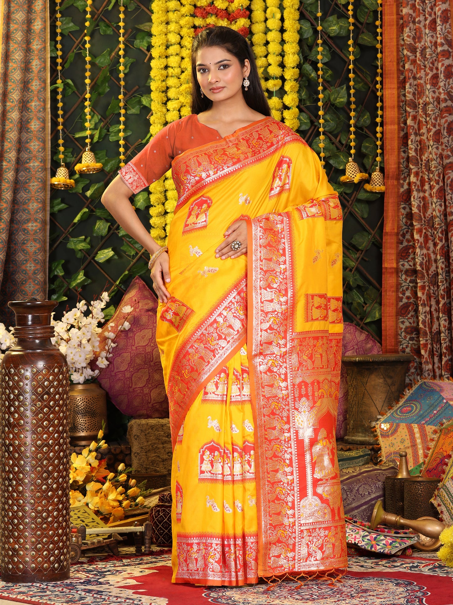Astita Traditional Red Art Silk Temple Border Festive Wedding Wear Saree