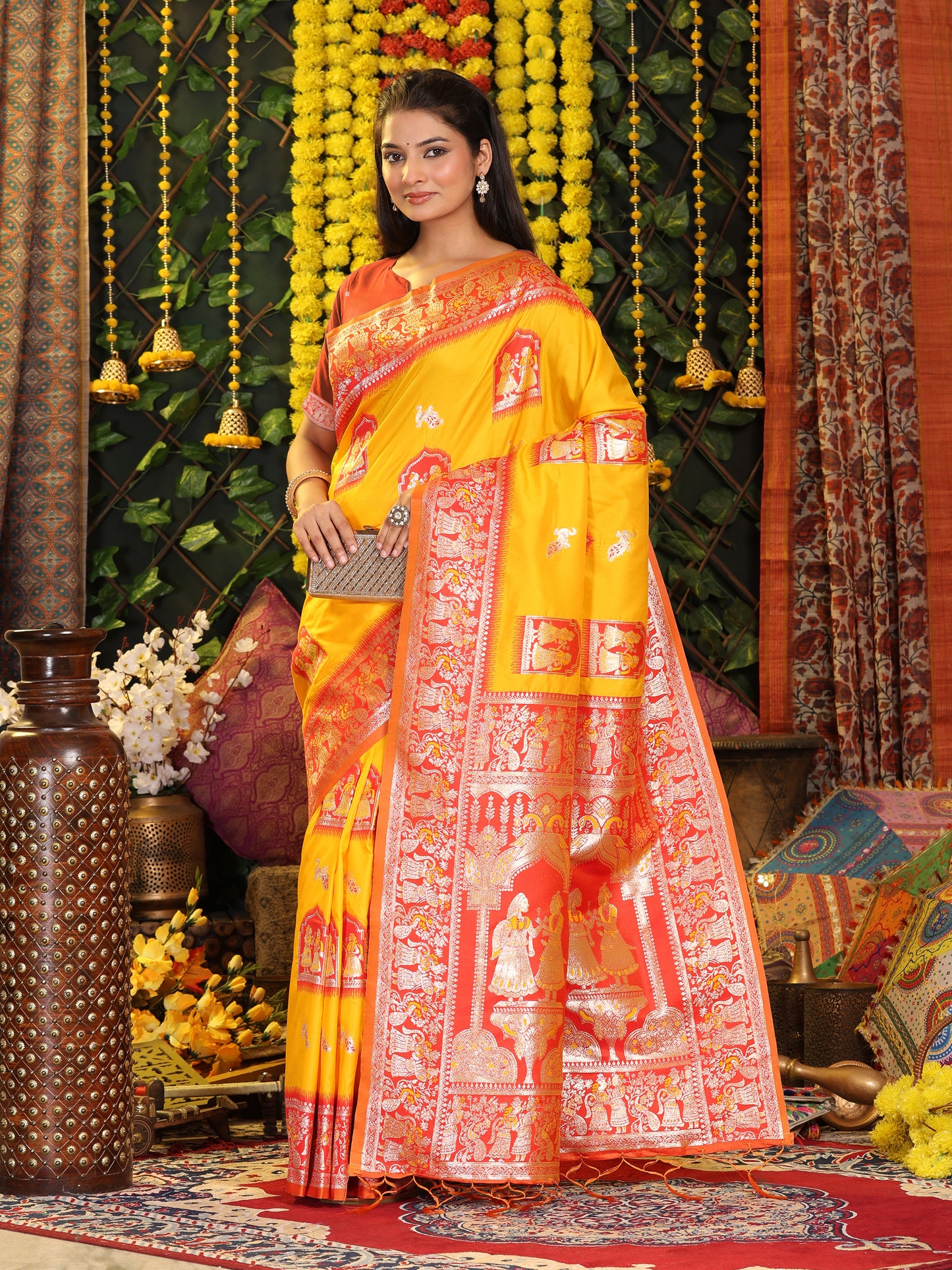 Astita Traditional Red Art Silk Temple Border Festive Wedding Wear Saree