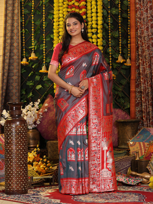 Astita Traditional Red Art Silk Temple Border Festive Wedding Wear Saree