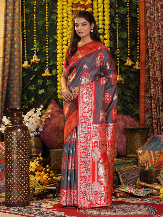Astita Traditional Red Art Silk Temple Border Festive Wedding Wear Saree