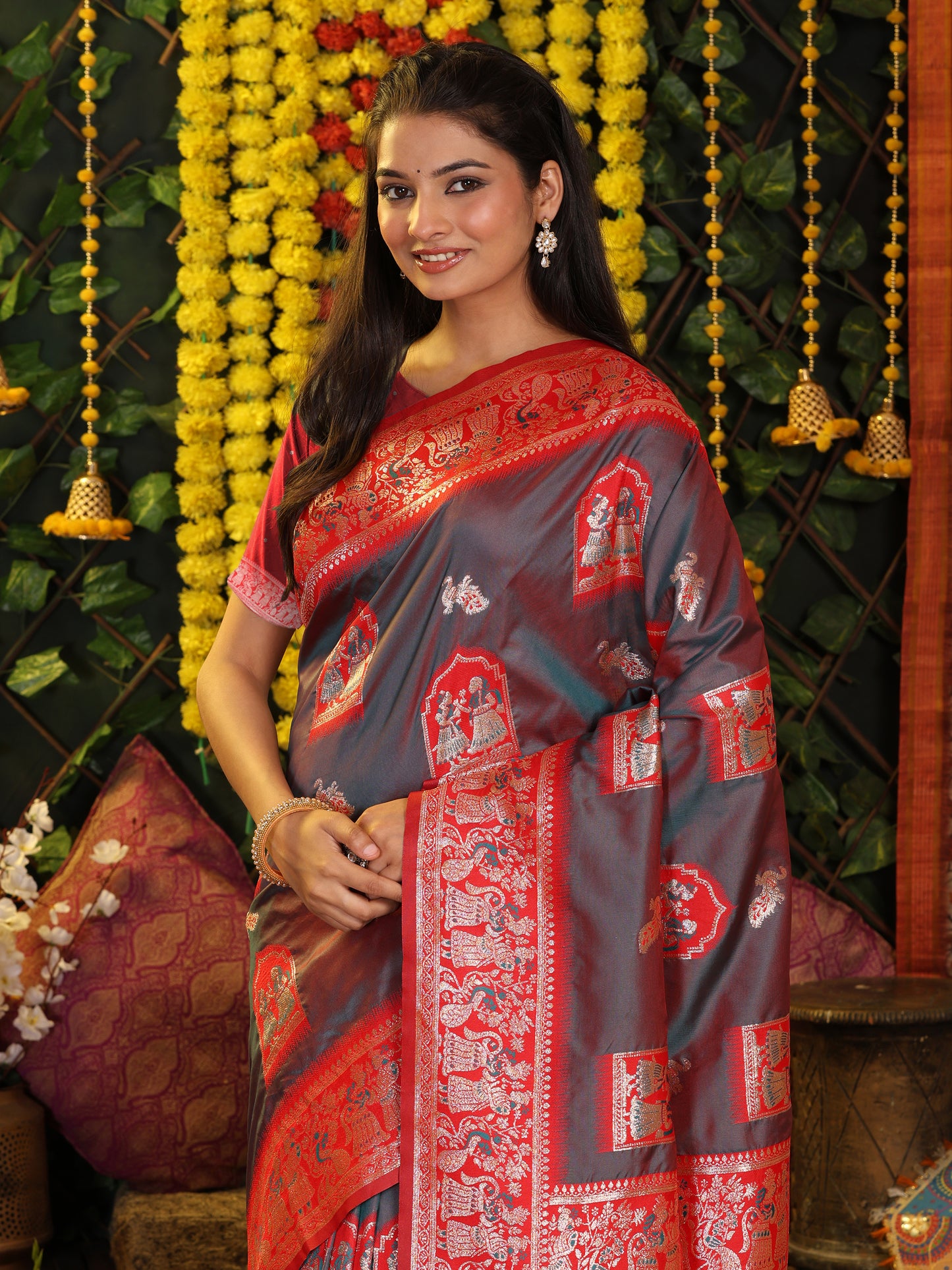 Astita Traditional Red Art Silk Temple Border Festive Wedding Wear Saree