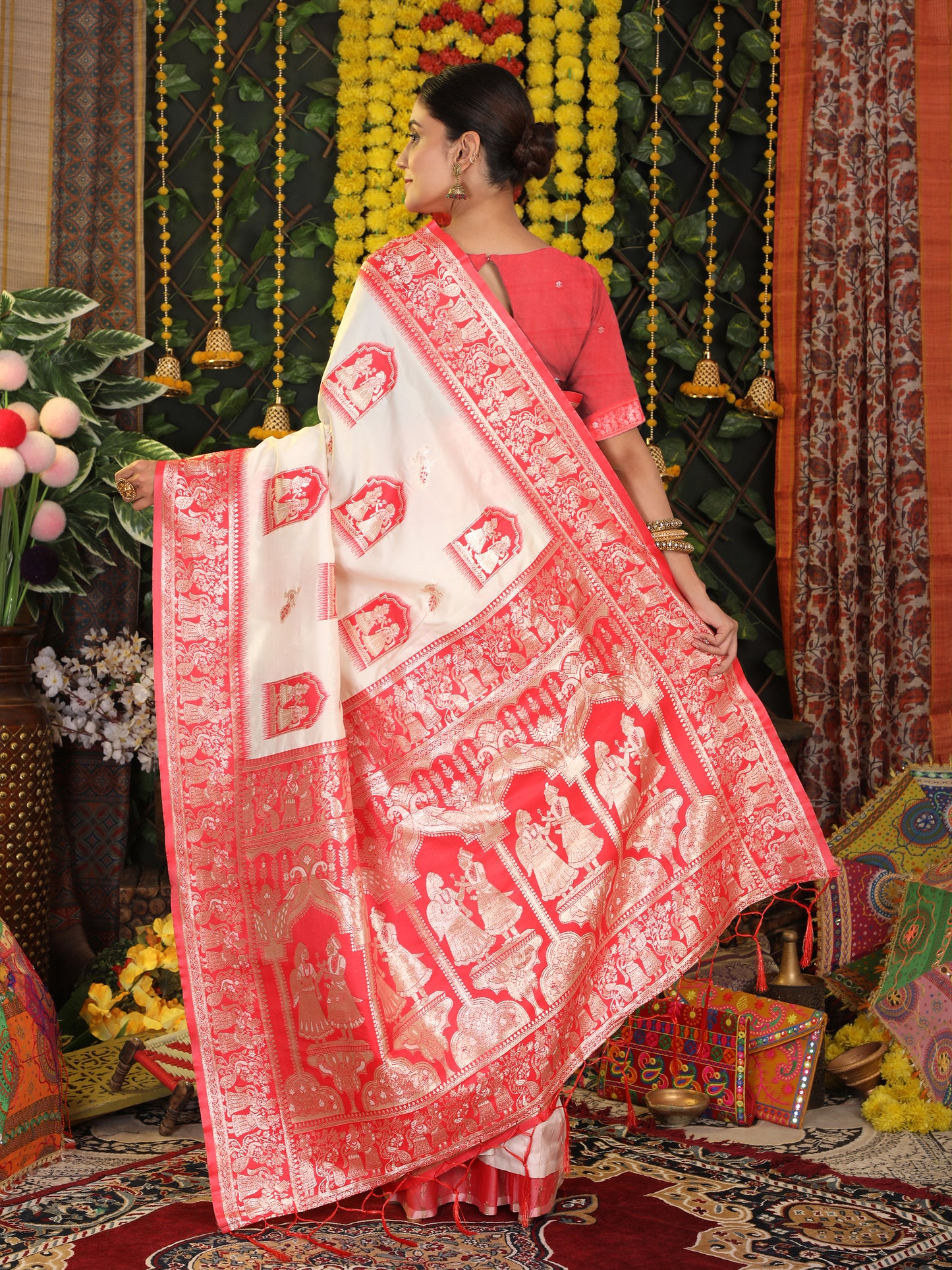 Astita Traditional Red Art Silk Temple Border Festive Wedding Wear Saree