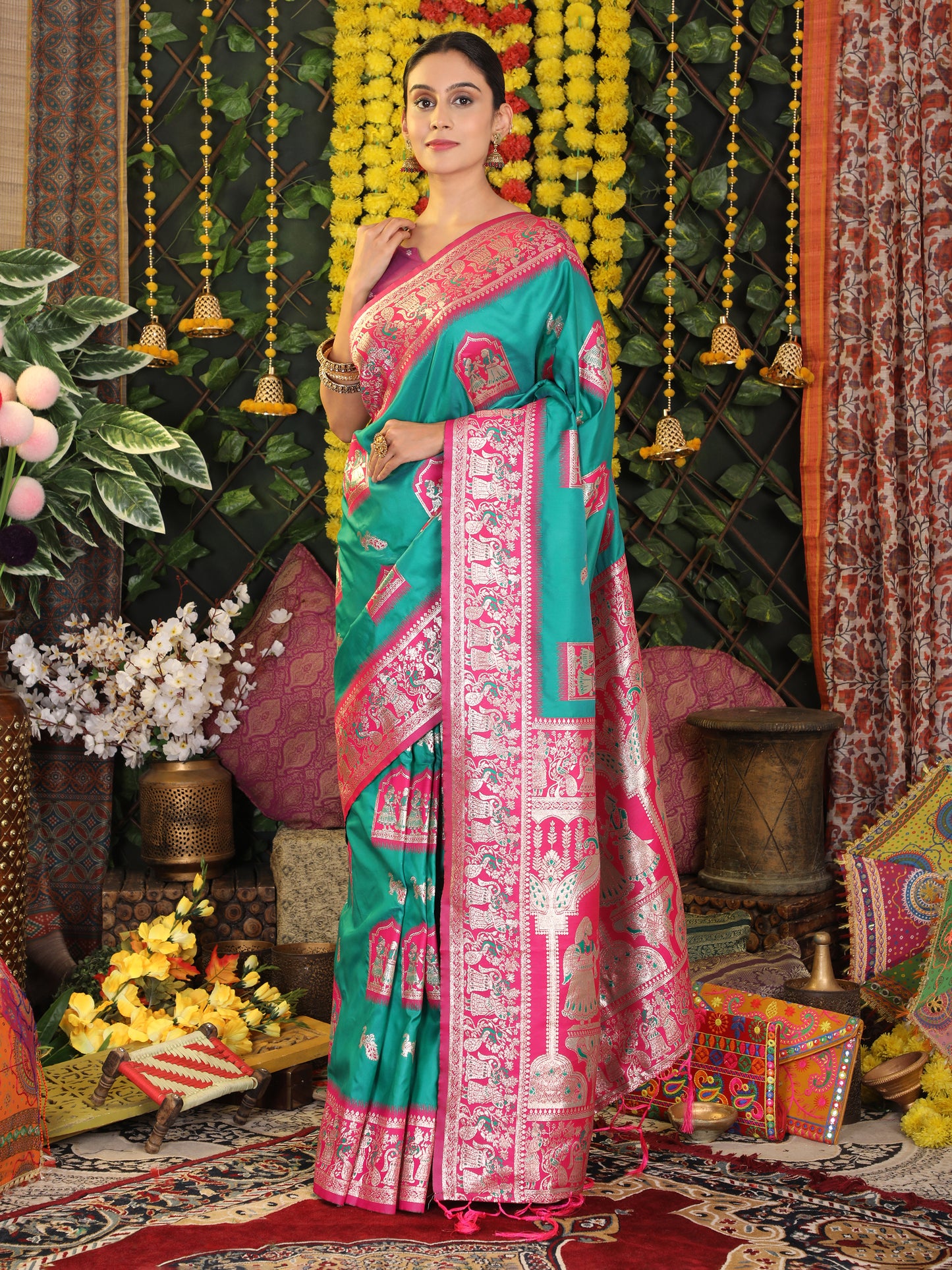 Astita Traditional Red Art Silk Temple Border Festive Wedding Wear Saree