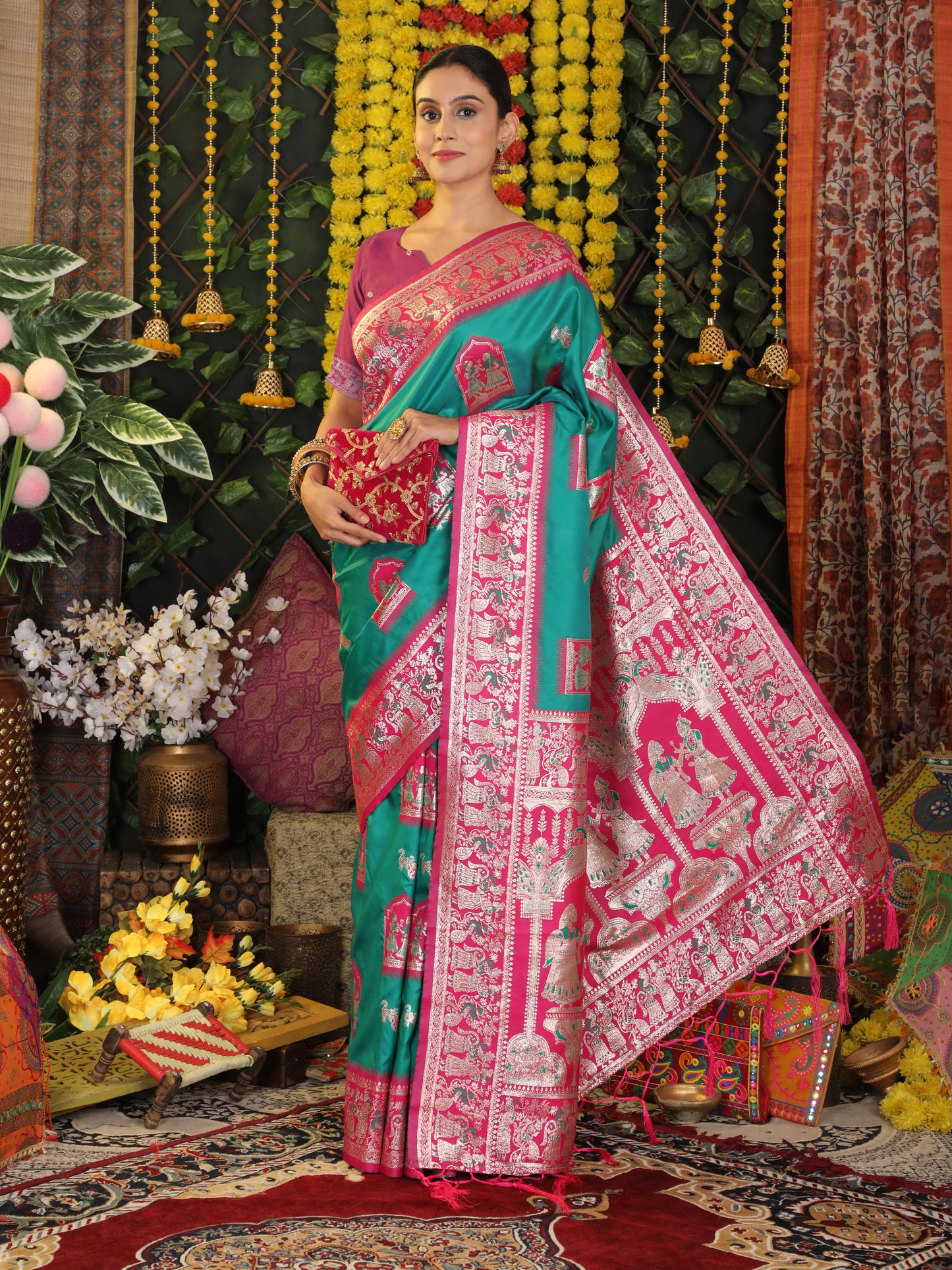 Astita Traditional Red Art Silk Temple Border Festive Wedding Wear Saree