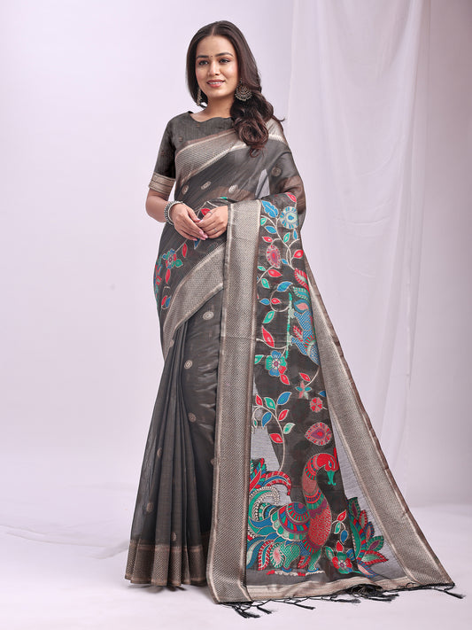 Astita Grey Linen Cotton Saree with Bold Peacock Pallu – Elegant Zari Border Saree for Festive & Party Wear | Lightweight & Soft Fabric