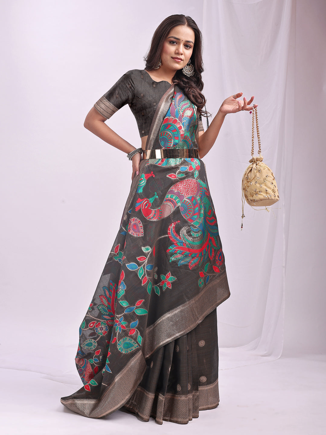 Astita Grey Linen Cotton Saree with Bold Peacock Pallu – Elegant Zari Border Saree for Festive & Party Wear | Lightweight & Soft Fabric