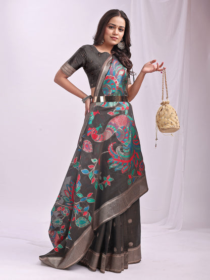 Astita Grey Linen Cotton Saree with Bold Peacock Pallu – Elegant Zari Border Saree for Festive & Party Wear | Lightweight & Soft Fabric